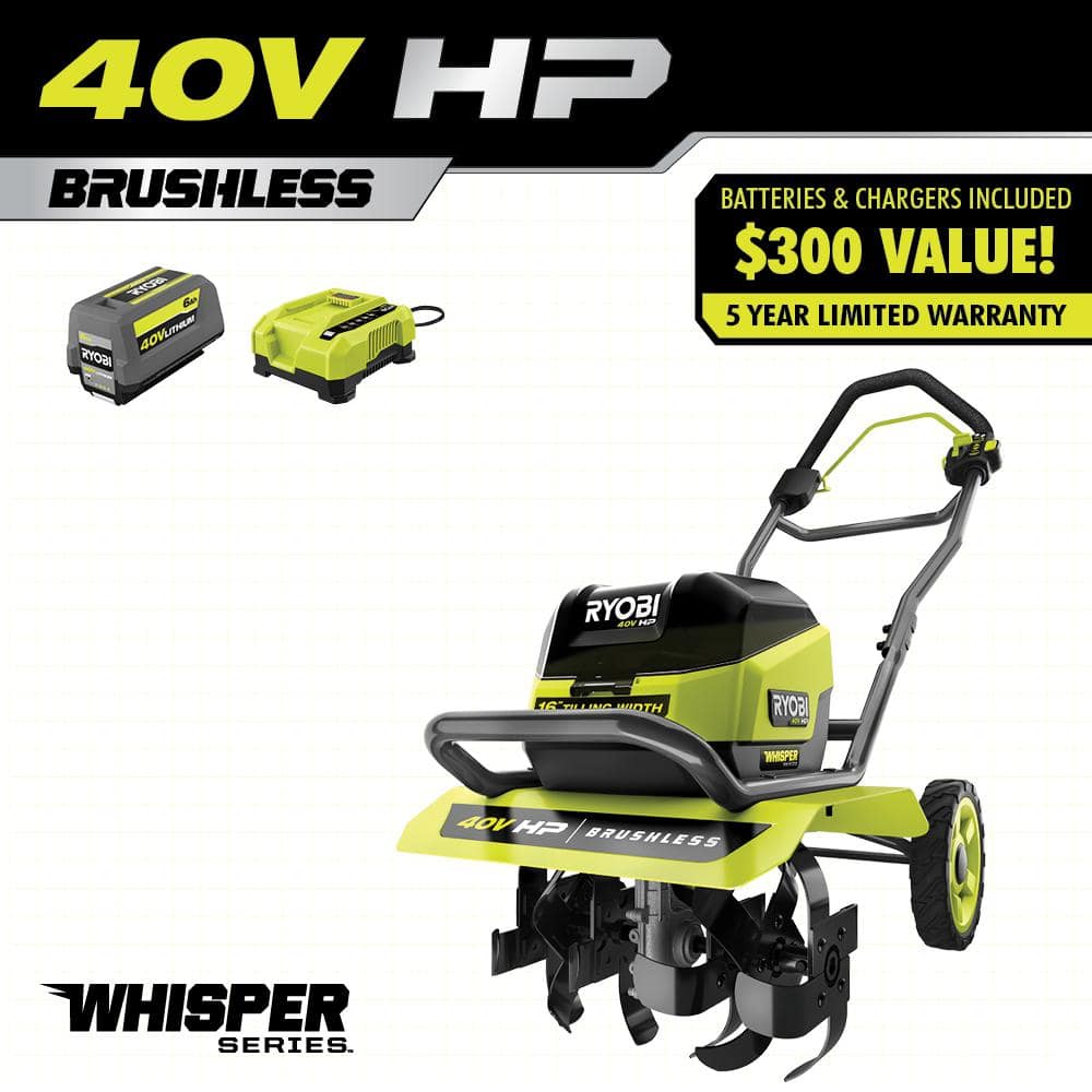 RYOBI 40V HP Brushless 16 in. Front Tine Tiller with Adjustable Tilling Width - $360