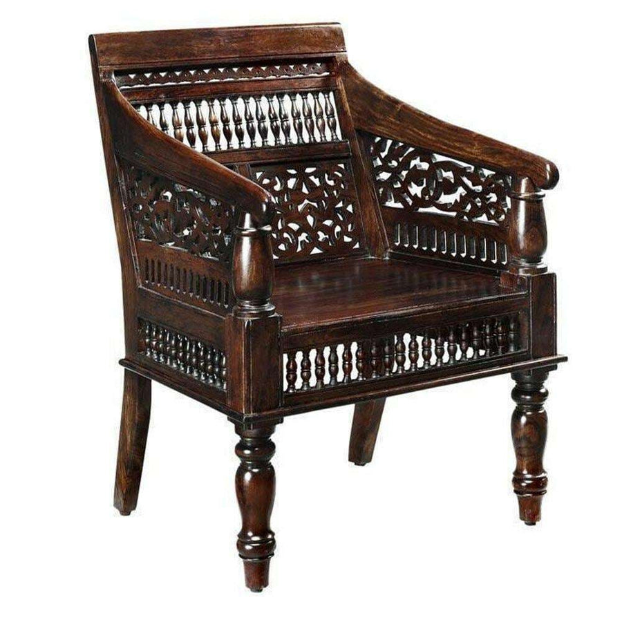 Maharaja Walnut Brown Wood Hand-Carved Arm Chair - $200