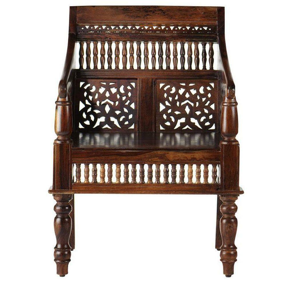 Maharaja Walnut Brown Wood Hand-Carved Arm Chair - $200