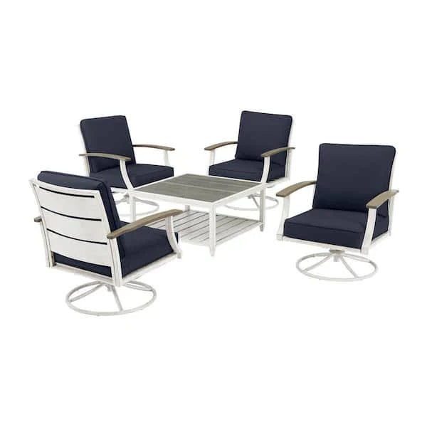 Marina Point 5-Piece White Steel Seating Set with CushionGuard Midnight Cushions-$780