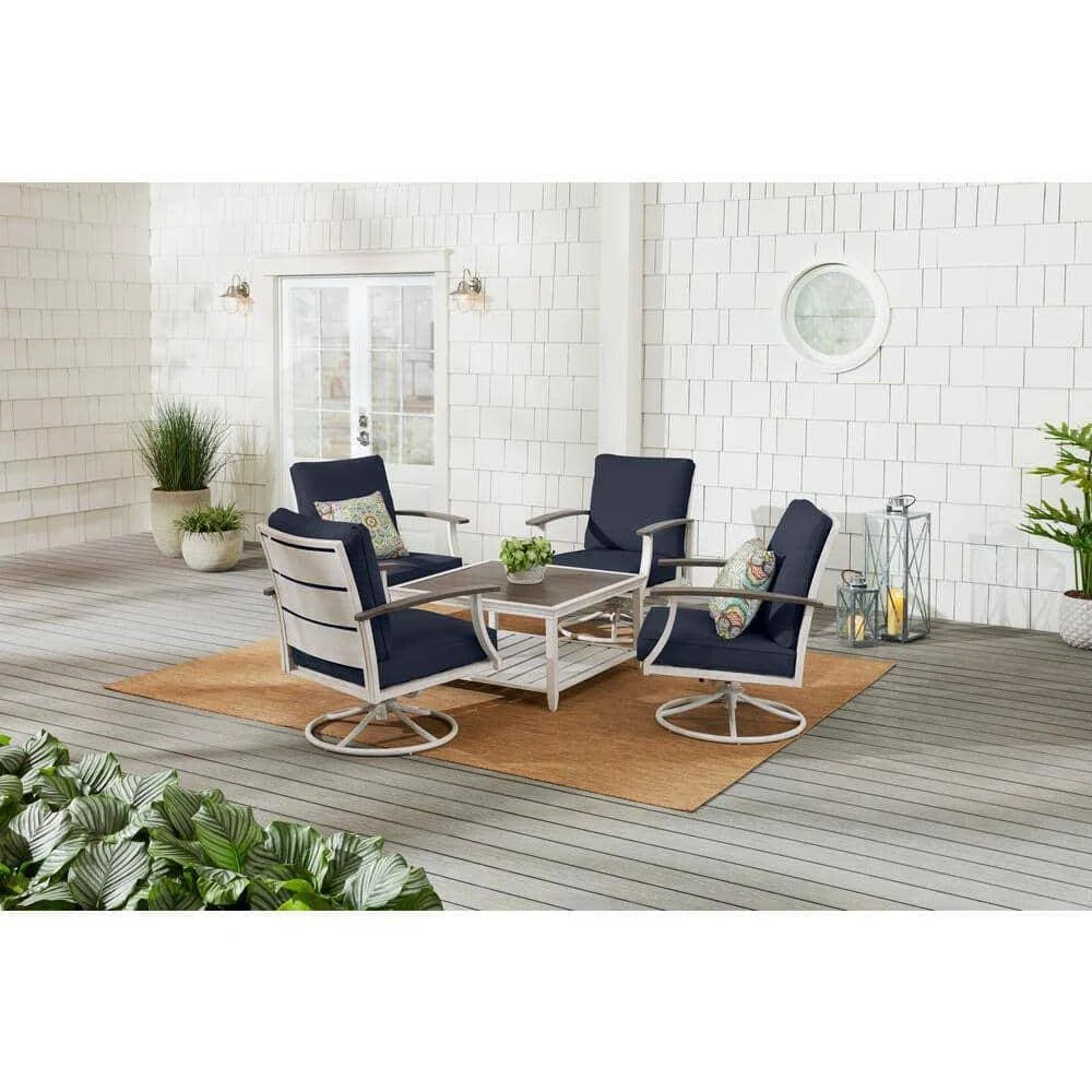 Marina Point 5-Piece White Steel Seating Set with CushionGuard Midnight Cushions-$450