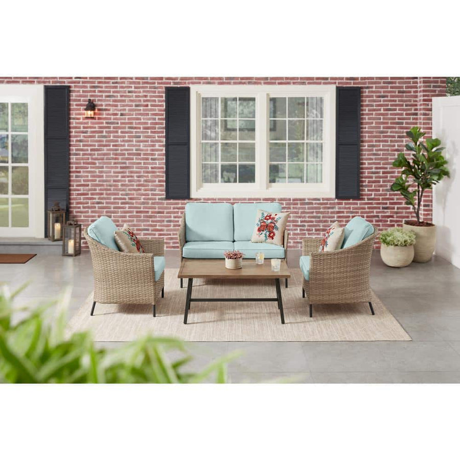 StyleWell Park Pointe 4-Piece Wicker Patio Conversation Set with Blue Cushions - $300