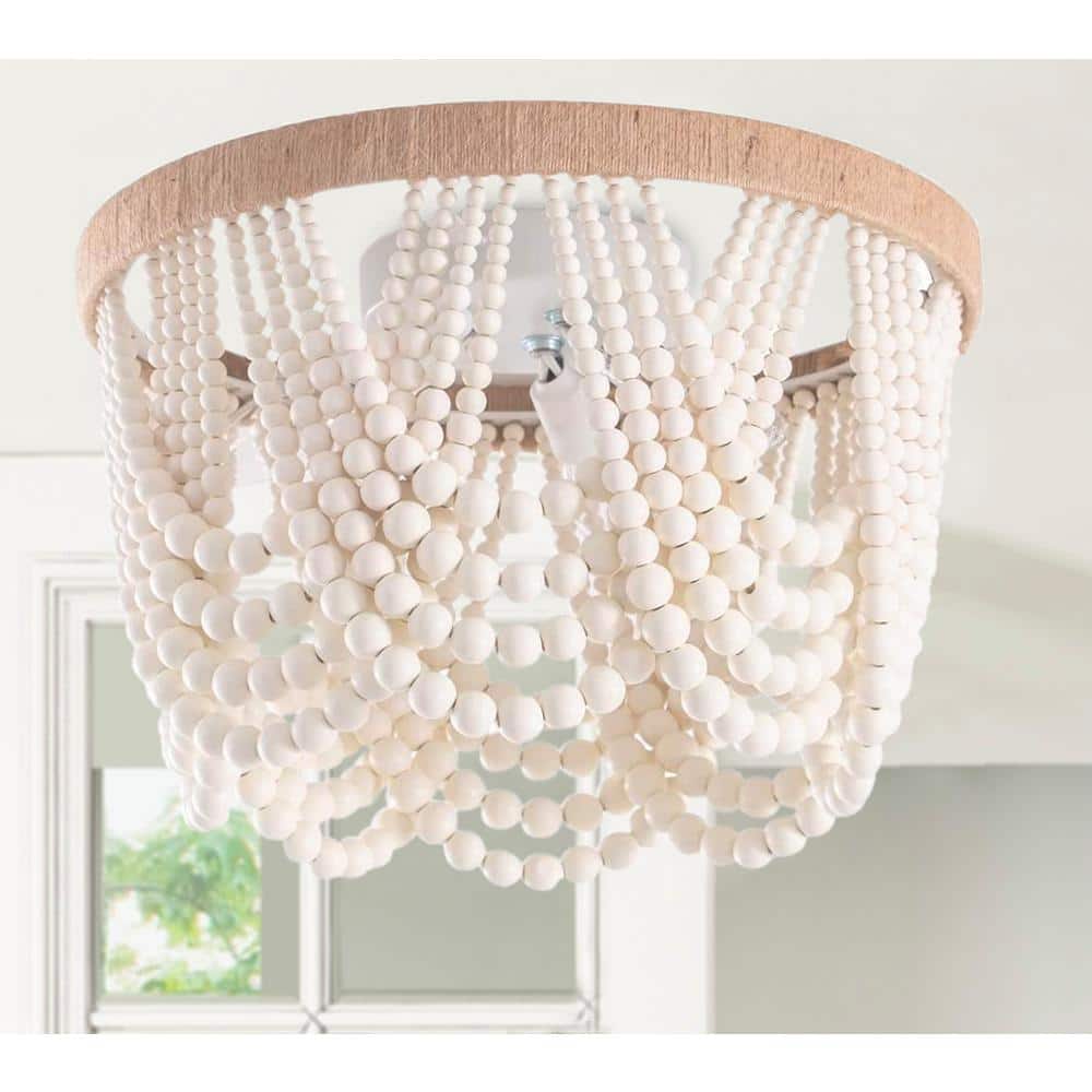 12.6 in. 3-Light Antique Rustic White Flush Mount Bohemia Wood Beaded Ceiling Light - $35