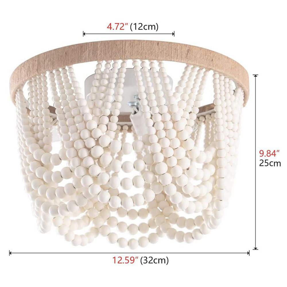 12.6 in. 3-Light Antique Rustic White Flush Mount Bohemia Wood Beaded Ceiling Light - $35
