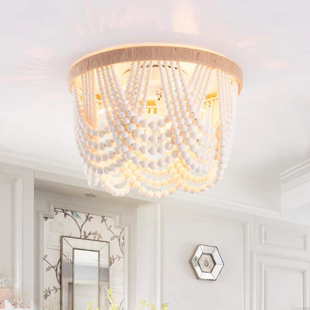 12.6 in. 3-Light Antique Rustic White Flush Mount Bohemia Wood Beaded Ceiling Light - $35