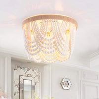 12.6 in. 3-Light Antique Rustic White Flush Mount Bohemia Wood Beaded Ceiling Light - $35