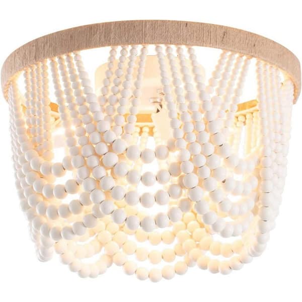 12.6 in. 3-Light Antique Rustic White Flush Mount Bohemia Wood Beaded Ceiling Light - $35