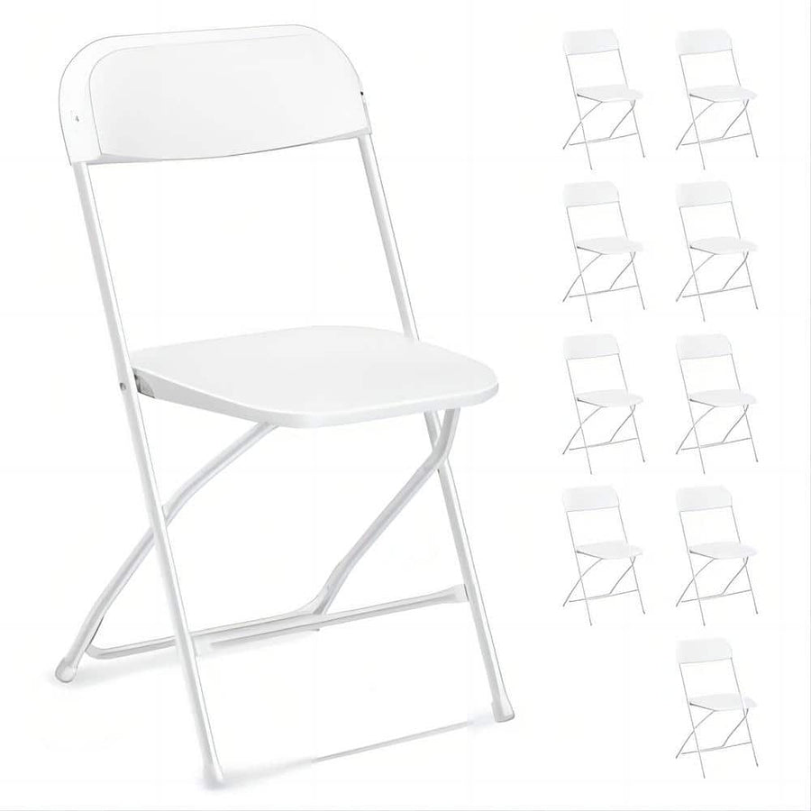 White Steel Frame Plastic Seat Folding Chairs (Set of 10) - $85
