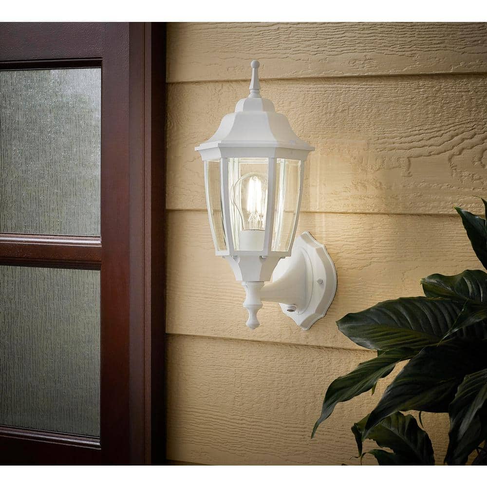 Hampton Bay 14.37 in. White Dusk to Dawn Decorative Outdoor Wall Lantern Sconce Light - $40