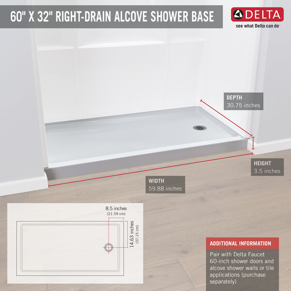 Delta Classic 400 60 in. L x 32 in. W Alcove Shower Pan Base with Right Drain - $130