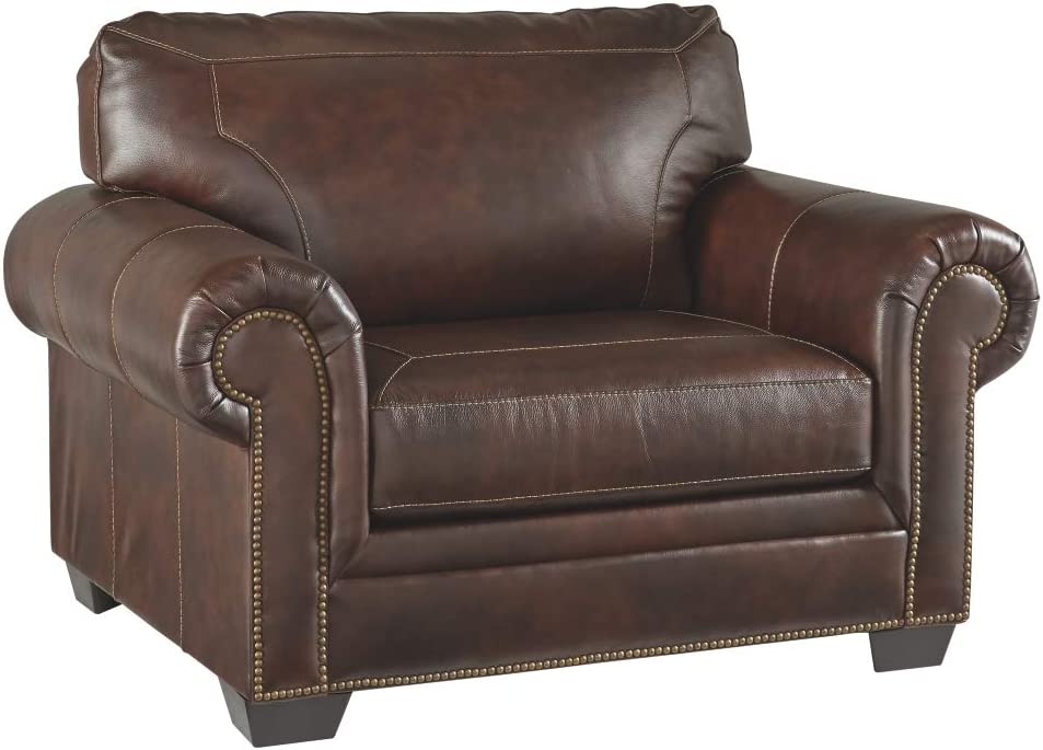 Signature Design by Ashley Roleson Traditional Leather Chair and a Half with Nailhead Trim, Brown - $670