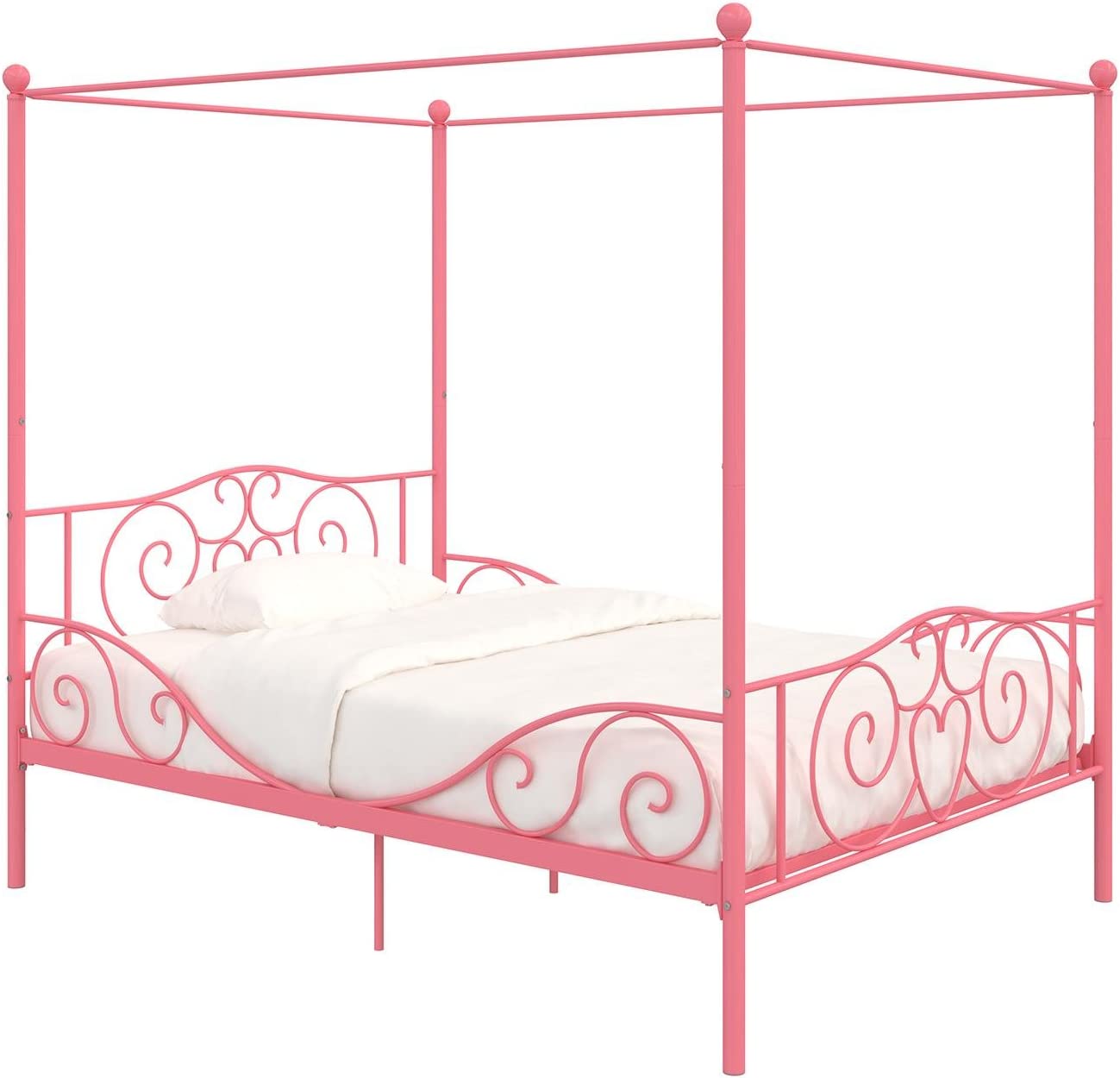 DHP Metal Canopy Kids Platform Bed, 4-Poster Design, Scrollwork Headboard & Footboard, Full, Pink - $80