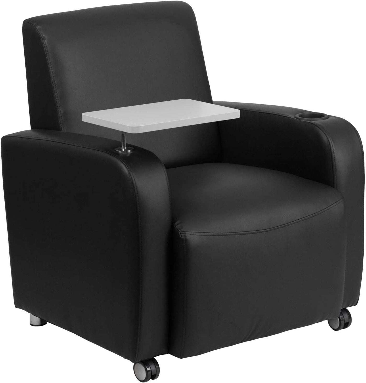 George Black LeatherSoft Guest Chair with Tablet Arm, Front Wheel Casters and Cup Holder - $150