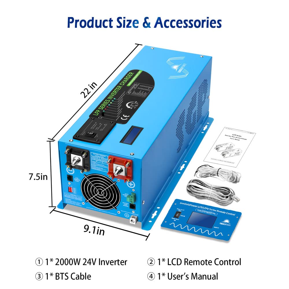 SUNGOLDPOWER 2000W DC 24V Peak 6000W Pure Sine Wave Power Inverter Charger - $400