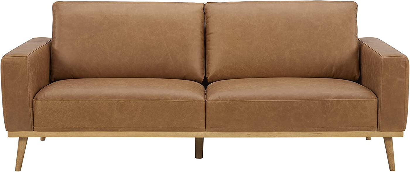 Rivet Modern Leather Sofa Couch with Wood Base, 84"W, Cognac (*Scuff on Armrest) - $850