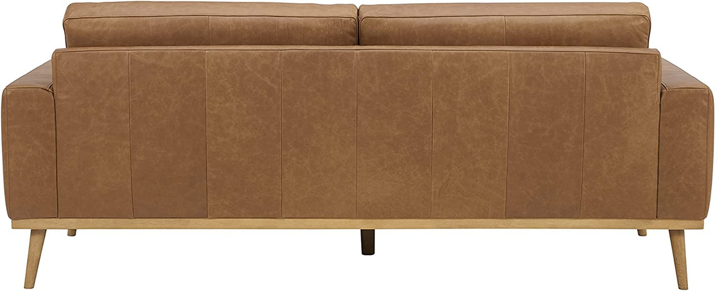Rivet Modern Leather Sofa Couch with Wood Base, 84"W, Cognac (*Scuff on Armrest) - $850