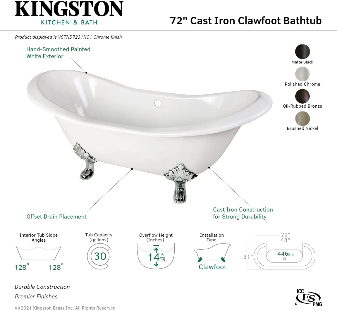 Kingston Brass Aqua Eden VCTND7231NC1 Cast Iron Double Slipper Clawfoot Bathtub, 72-Inch, White/Chrome- $873