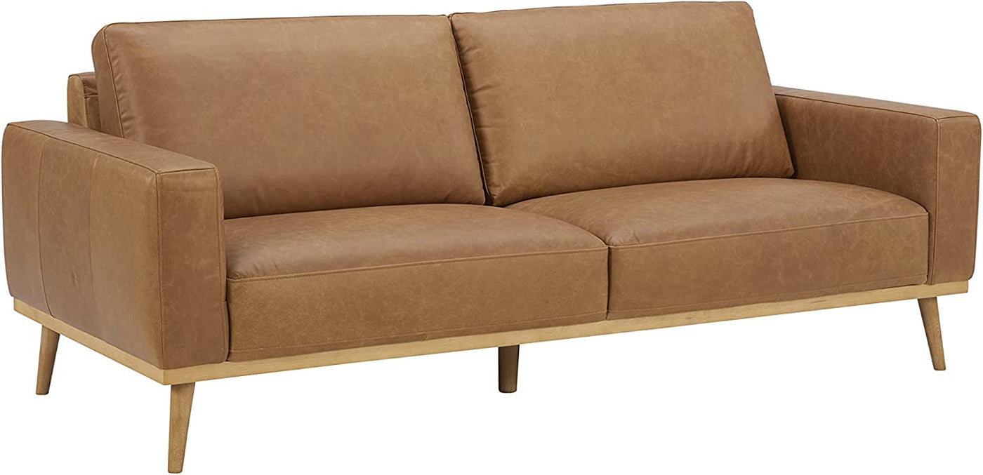 Rivet Modern Leather Sofa Couch with Wood Base, 84"W, Cognac (*Scuff on Armrest) - $850