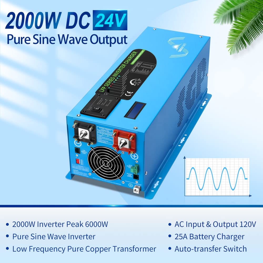 SUNGOLDPOWER 2000W DC 24V Peak 6000W Pure Sine Wave Power Inverter Charger - $400