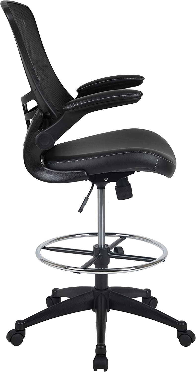 Flash Furniture Kelista Mid-Back Black Mesh Ergonomic Drafting Chair with LeatherSoft Seat - $90