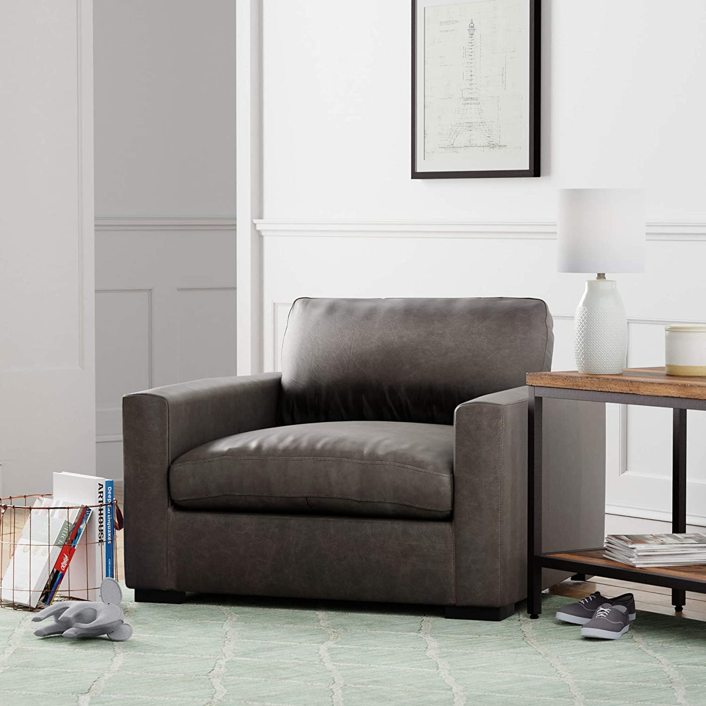 Stone & Beam Westview Extra-Deep Down-Filled Leather Accent Chair, 43.3"W, Dark Grey - $550