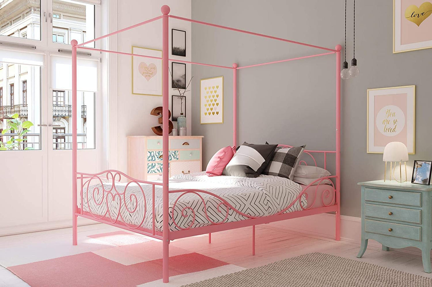 DHP Metal Canopy Kids Platform Bed, 4-Poster Design, Scrollwork Headboard & Footboard, Full, Pink - $80