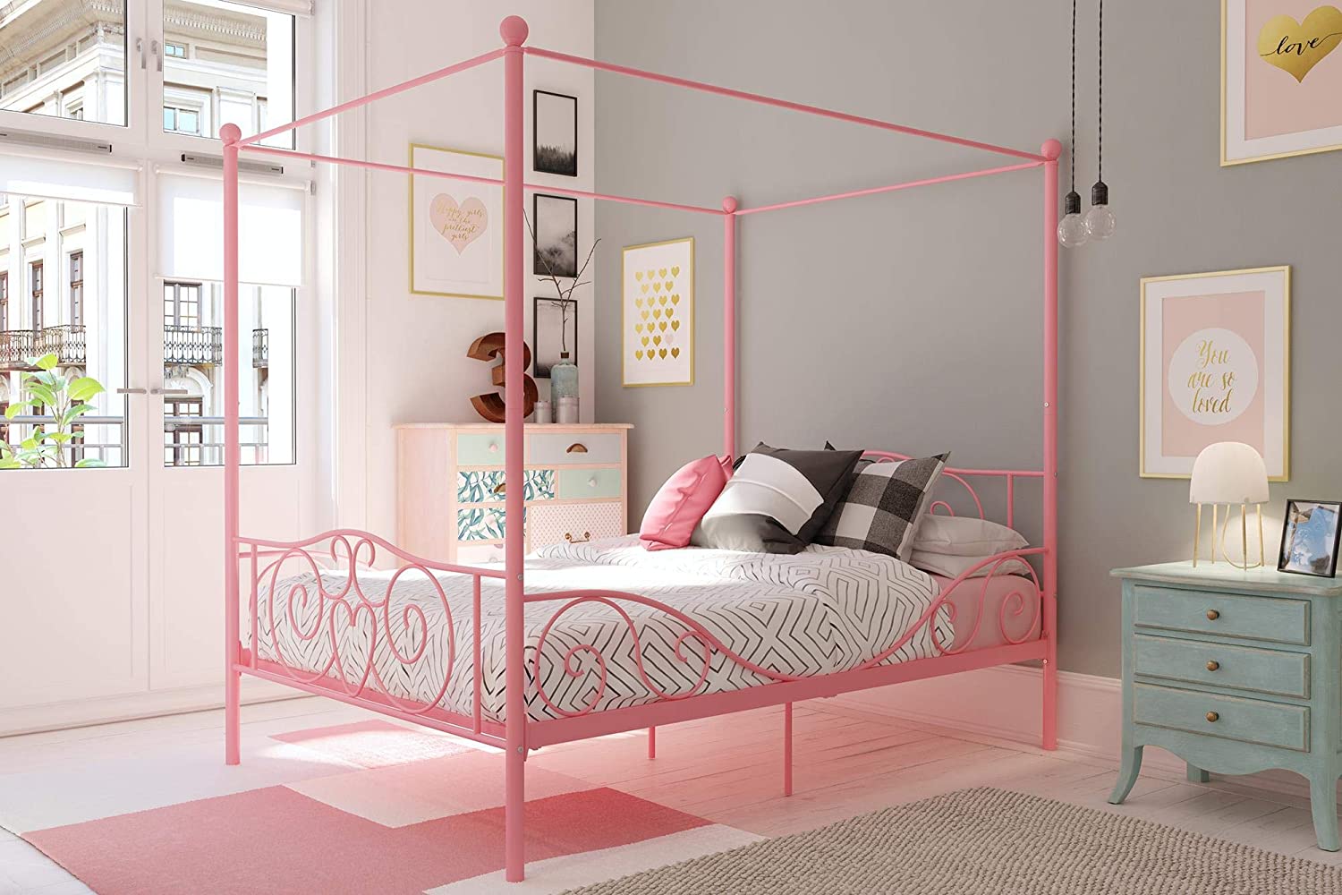 DHP Metal Canopy Kids Platform Bed, 4-Poster Design, Scrollwork Headboard & Footboard, Full, Pink - $80