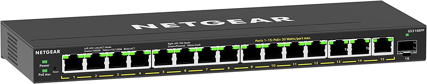 NETGEAR 16-Port PoE Gigabit Ethernet Plus Switch (GS316EPP) - $150