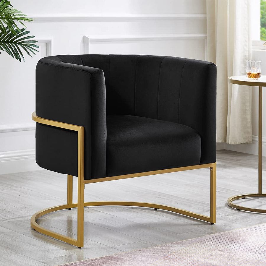 24KF Upholstered Living Room Chair Modern Black Textured Velvet, Golden Metal Stand- $100