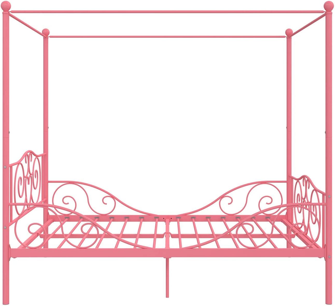 DHP Metal Canopy Kids Platform Bed, 4-Poster Design, Scrollwork Headboard & Footboard, Full, Pink - $80