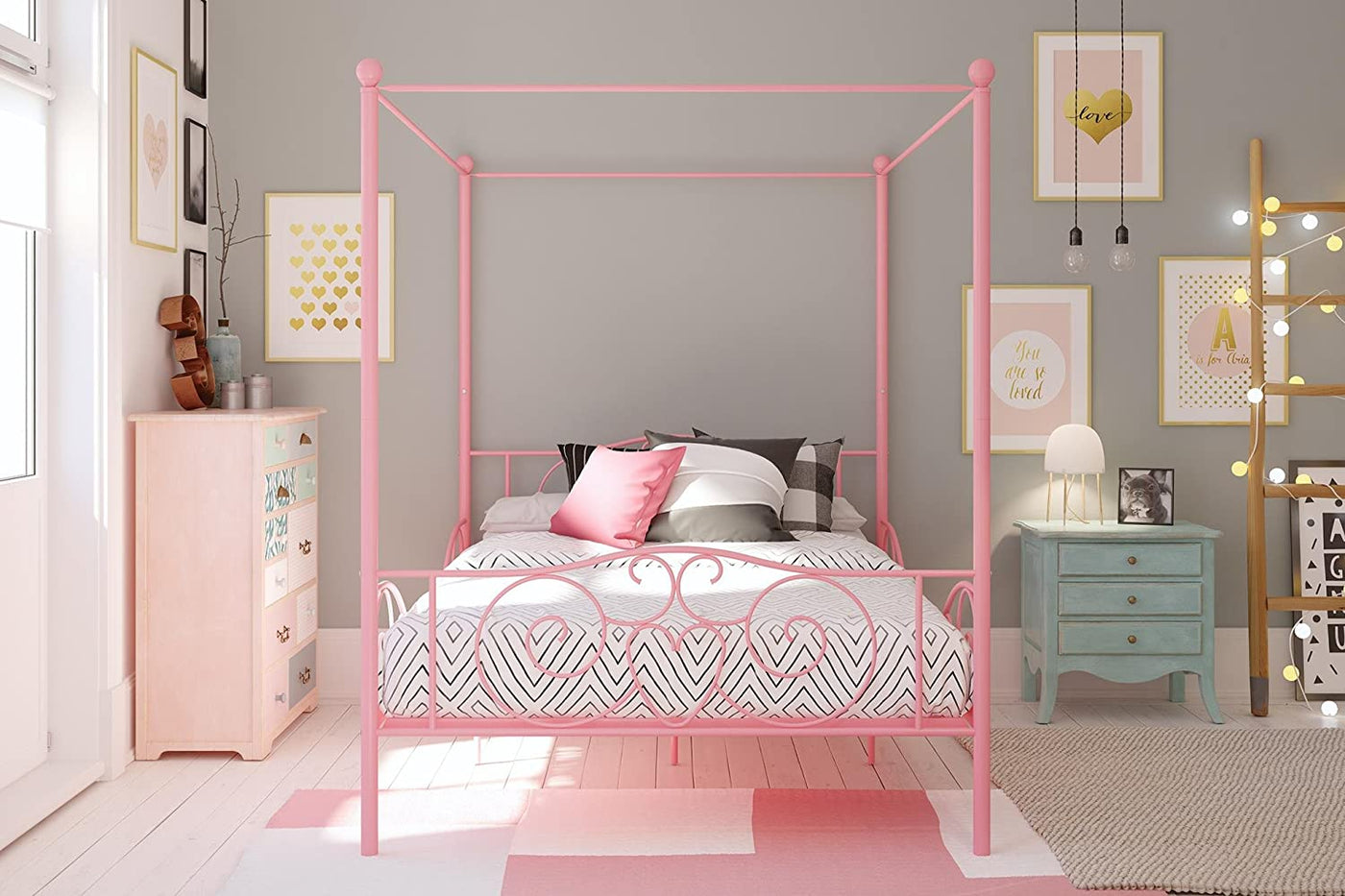 DHP Metal Canopy Kids Platform Bed, 4-Poster Design, Scrollwork Headboard & Footboard, Full, Pink - $80