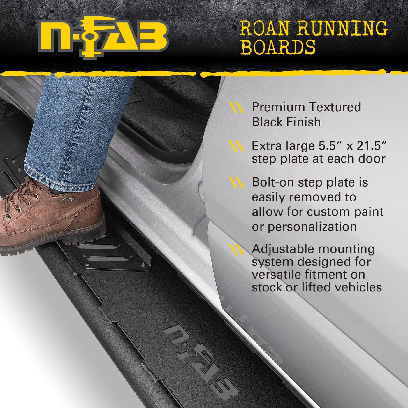 N-Fab Roan Running Board | Textured Black, Wheel-to-Wheel | NBF214B-TX - $280
