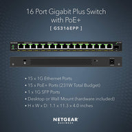 NETGEAR 16-Port PoE Gigabit Ethernet Plus Switch (GS316EPP) - $150