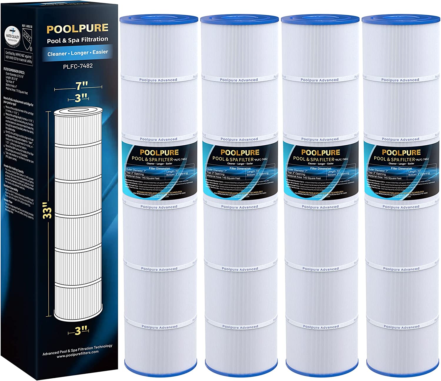 POOLPURE C-7482 Pool Filter Replacement for Pool & Spa, 145 sqft Cartridge 4 Pack - $120