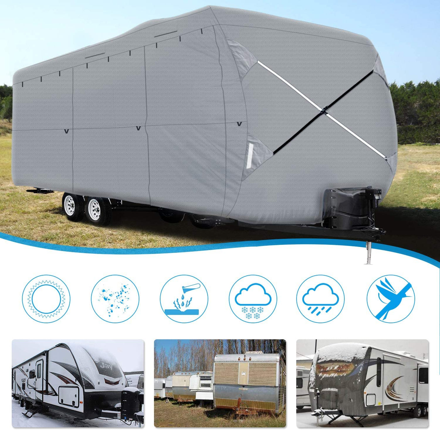 XGEAR Upgraded Thick 6-Ply Top Panel Travel Trailer Cover for 30'-33'- $150
