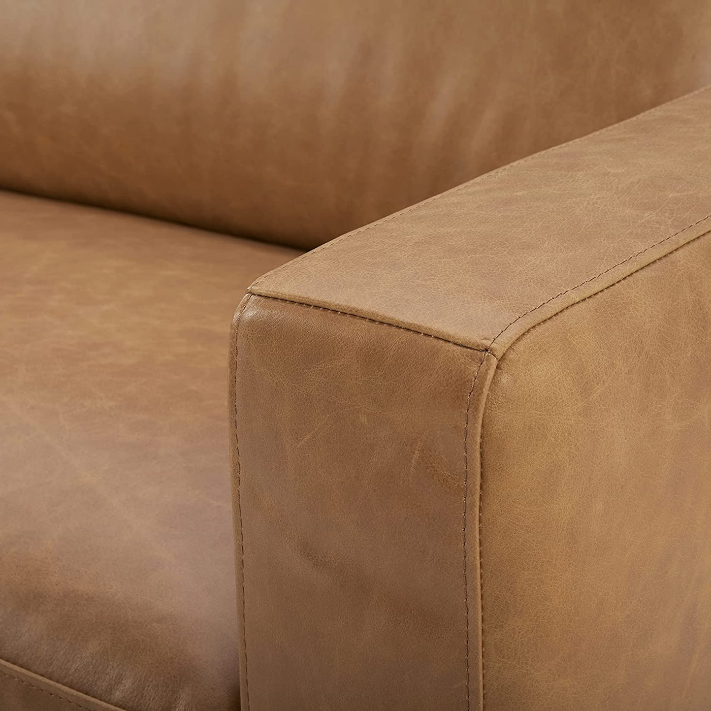 Rivet Modern Leather Sofa Couch with Wood Base, 84"W, Cognac (*Scuff on Armrest) - $850