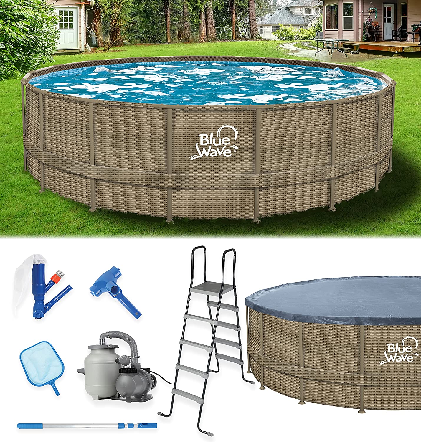 Blue Wave NB19797 18-ft Round 52" Deep Dark Cocoa Wicker Frame Above Ground Pool w/ Cover, Brown - $724