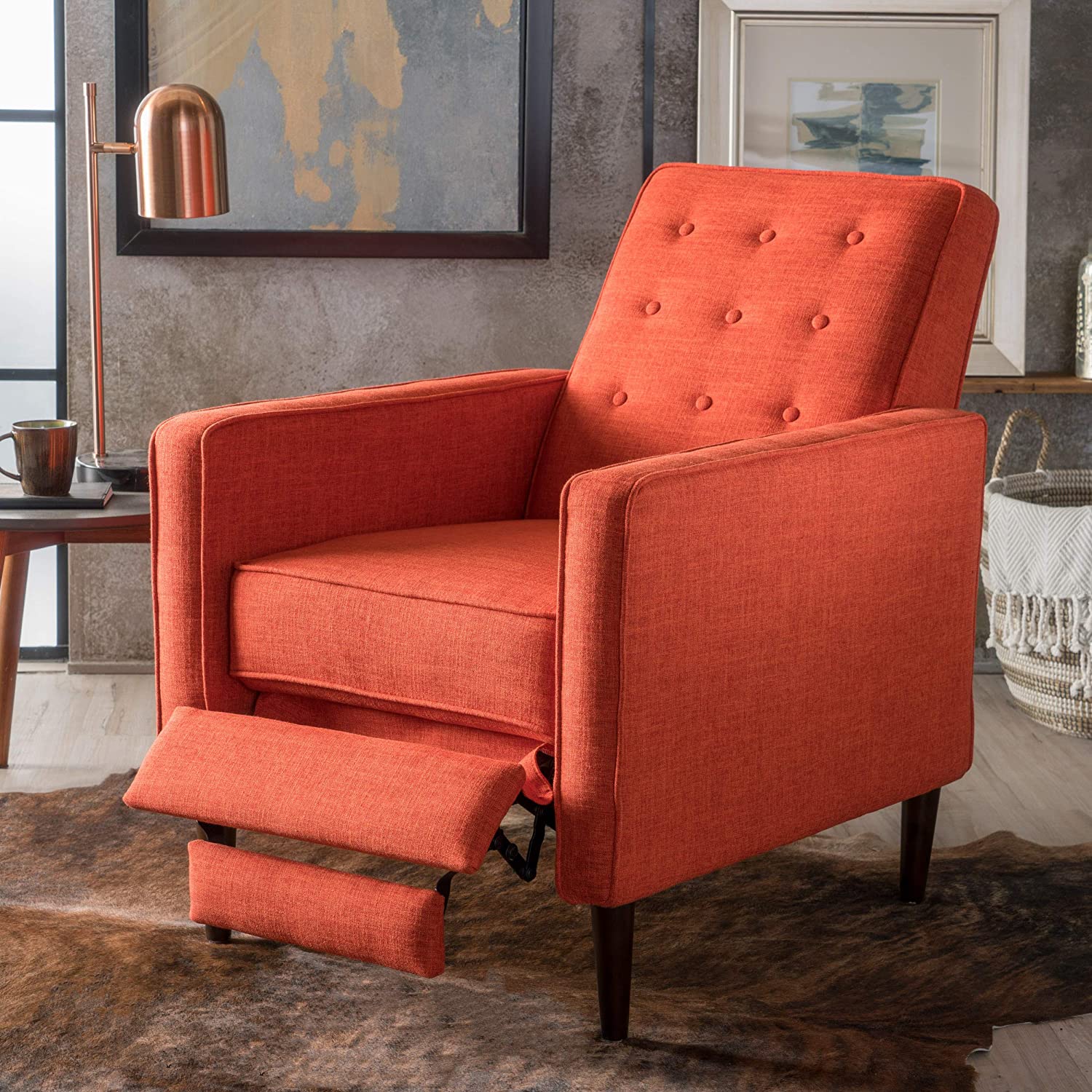 GDFStudio Macedonia Mid Century Modern Tufted Back Fabric Recliner (Muted Orange) - $150