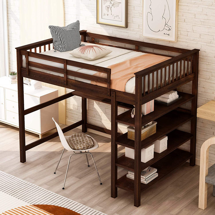 Wooden Loft Bed Frame w/ Storage Shelves & Under-Bed Desk, Espresso (Full) - $220