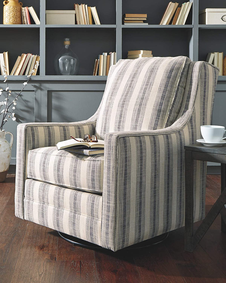 Signature Design Kambria Striped Upholstered Swivel Accent Glider Chair, Ivory & Black - $300