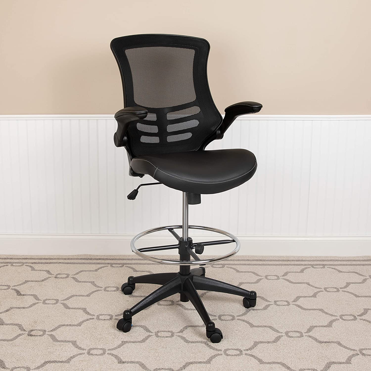 Flash Furniture Kelista Mid-Back Black Mesh Ergonomic Drafting Chair with LeatherSoft Seat - $90