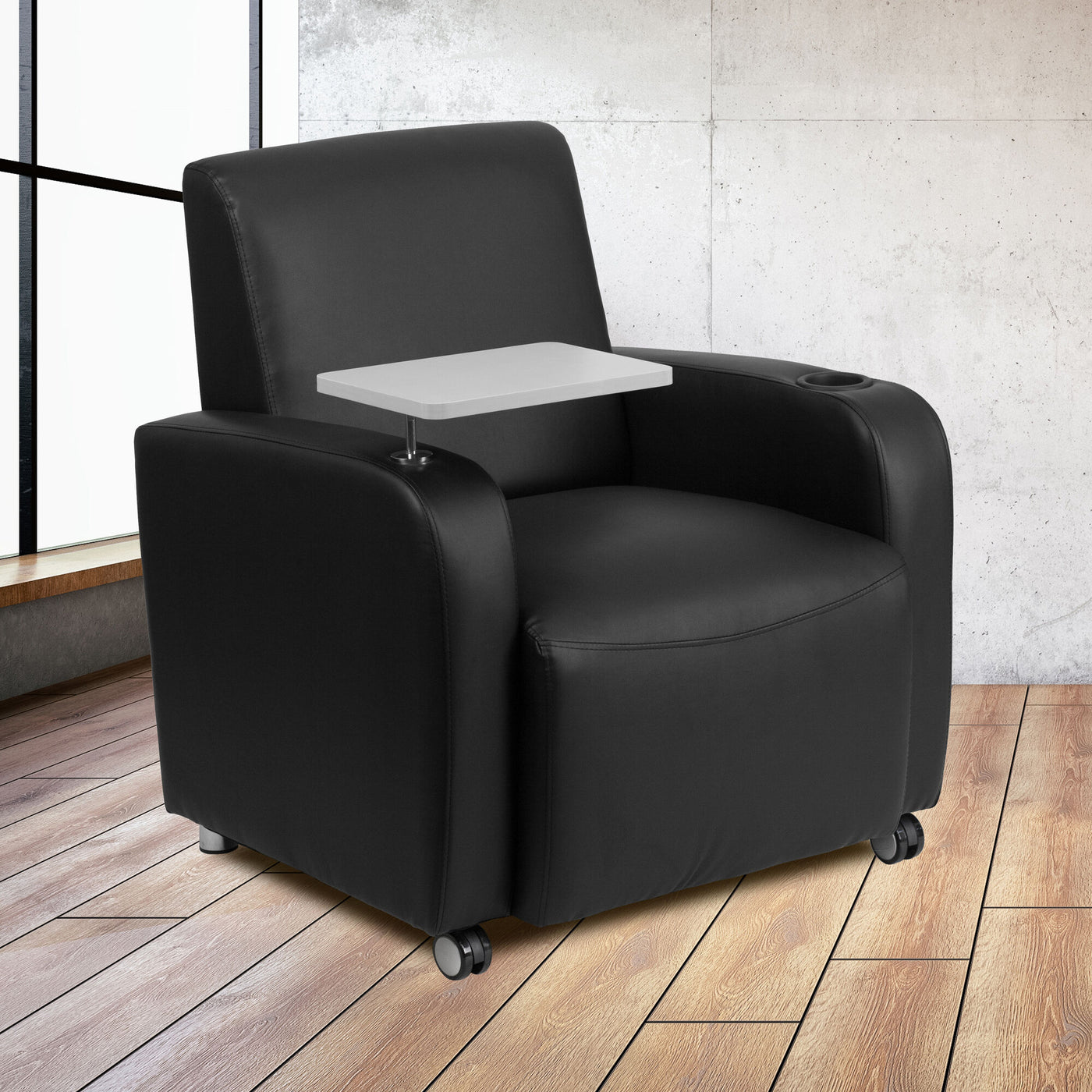 George Black LeatherSoft Guest Chair with Tablet Arm, Front Wheel Casters and Cup Holder - $150