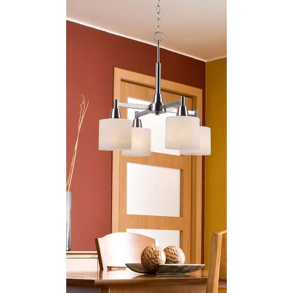 Hampton Bay Oron 4-Light Brushed Nickel Reversible Chandelier with White Glass Shades - $100