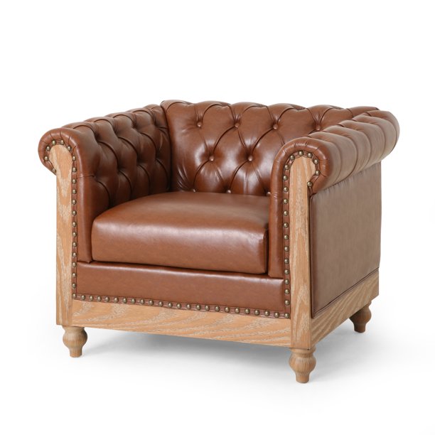 Batavia Chesterfield Tufted Club Chair with Nailhead Trim, Cognac Brown and Natural - $255