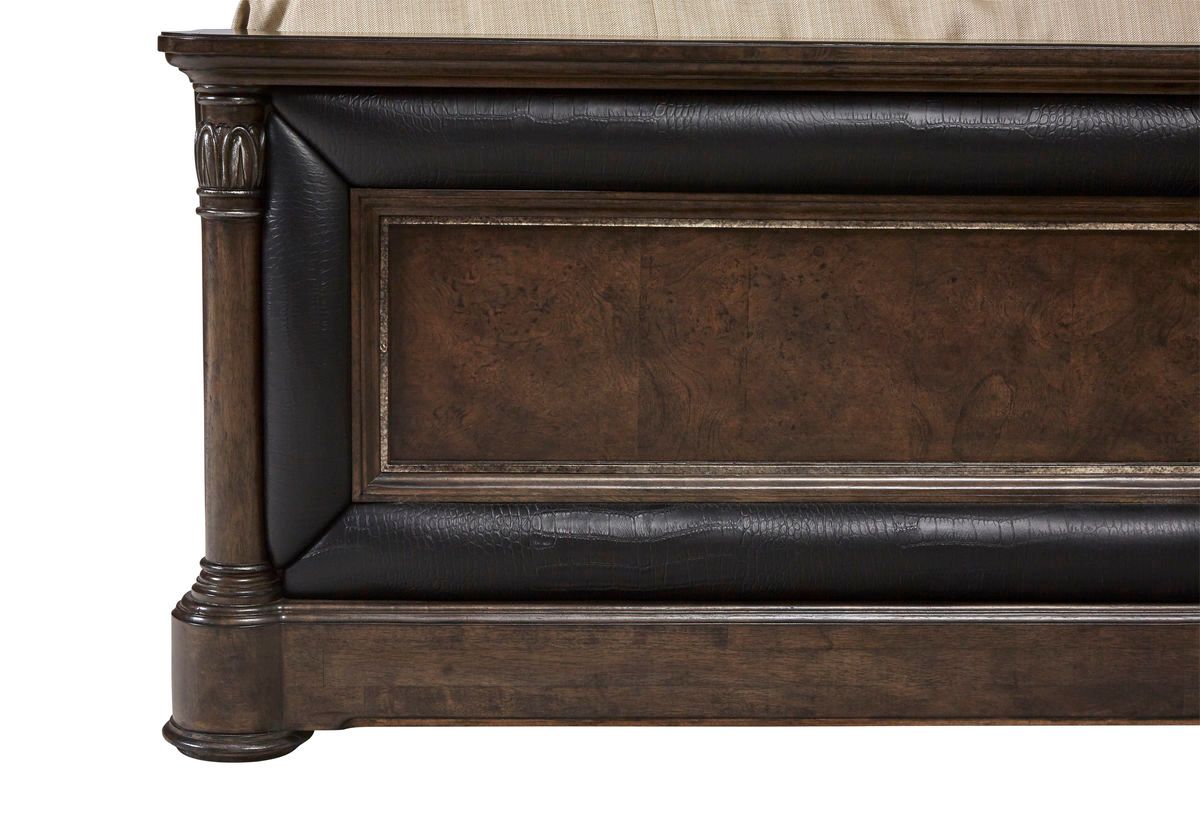 Landmark King Mansion Bed hickory & Oak Burl In Russet Finish Crock Skin Accents - $1500