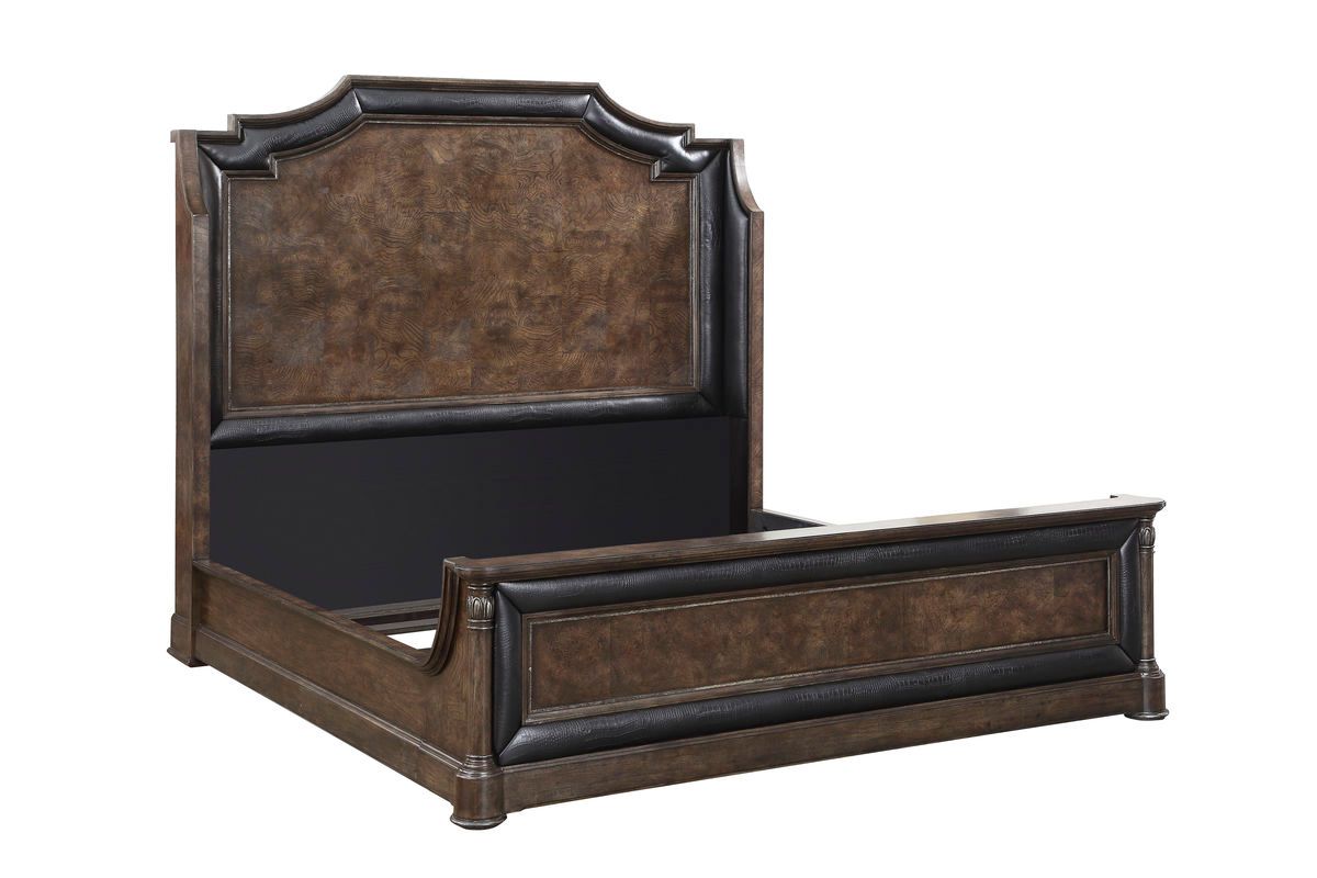 Landmark King Mansion Bed hickory & Oak Burl In Russet Finish Crock Skin Accents - $1622