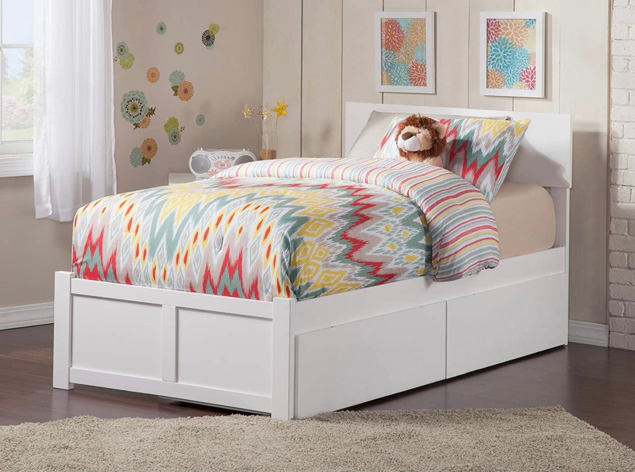 Atlantic Furniture Orlando Platform Flat Panel Footboard and Turbo Charger with Urban Bed Drawers, Twin, White Discount Bros, LLC.