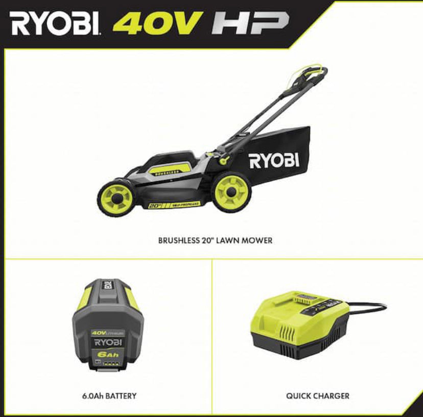 RYOBI 40V HP Brushless 20 in. Cordless Electric Battery Walk Behind Self-Propelled Mower with 6.0 Ah Battery and Charger Discount Bros, LLC.