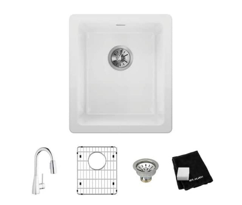 Elkay White Fireclay 17 in. Single Bowl Undermount Kitchen/Bar Sink Kit with Faucet Discount Bros, LLC.
