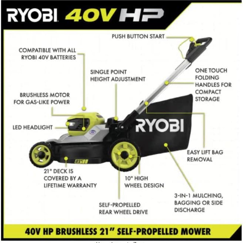 RYOBI 40V HP Brushless 21 in. Cordless Battery Walk Behind Self-Propelled Lawn Mower with (1) 6.0 Ah Batteries and Charger Discount Bros, LLC.